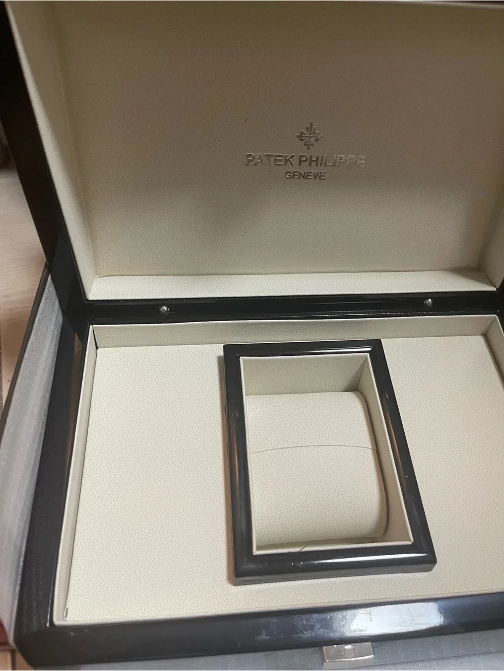 Patek Philippe Black Lacquer Watch Presentation Box with Silver Emblem